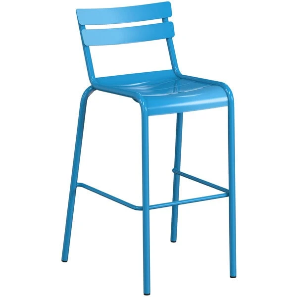 Lancaster Table & Seating 32" X 32" Blue Powder-Coated Aluminum Bar Height Outdoor Table With Umbrella Hole And 4 Barstools 3 Lancaster Table & Seating 32" X 32" Blue Powder-Coated Aluminum Bar Height Outdoor Table With Umbrella Hole And 4 Barstools - Image 3