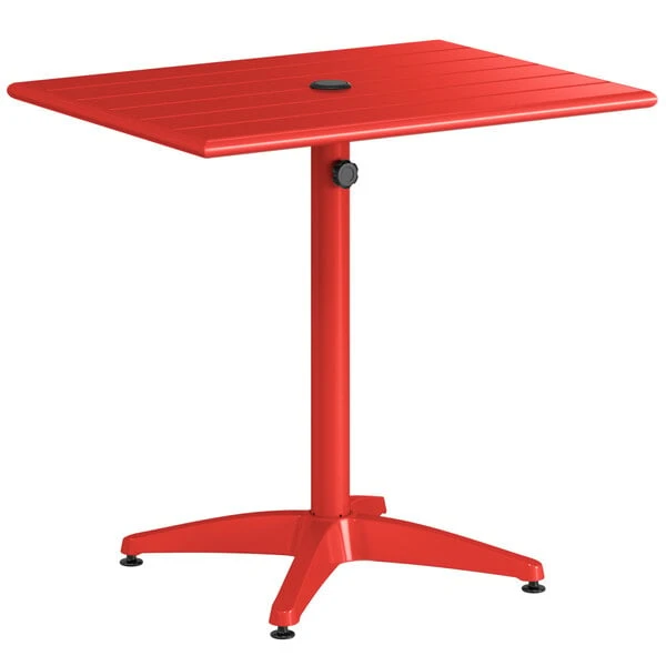 Lancaster Table & Seating 24" X 32" Red Powder-Coated Aluminum Dining Height Outdoor Table With Umbrella Hole And 2 Side Chairs 4 Lancaster Table & Seating 24" X 32" Red Powder-Coated Aluminum Dining Height Outdoor Table With Umbrella Hole And 2 Side Chairs - Image 4