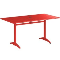 Lancaster Table & Seating 32" X 60" Red Powder-Coated Aluminum Dining Height Outdoor Table With Umbrella Hole And 6 Side Chairs -Zown Shop 2342627