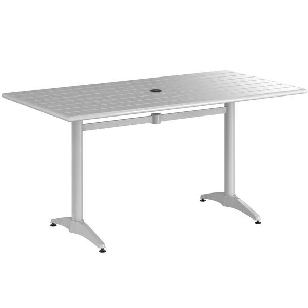 Lancaster Table & Seating 32" X 60" Silver Powder-Coated Aluminum Dining Height Outdoor Table With Umbrella Hole And 4 Side Chairs 4 Lancaster Table & Seating 32" X 60" Silver Powder-Coated Aluminum Dining Height Outdoor Table With Umbrella Hole And 4 Side Chairs - Image 4