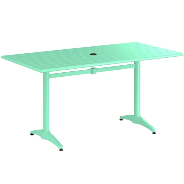 Lancaster Table & Seating 32" X 60" Seafoam Powder-Coated Aluminum Standard Height Outdoor Table With Umbrella Hole And 4 Arm Chairs 4 Lancaster Table & Seating 32" X 60" Seafoam Powder-Coated Aluminum Standard Height Outdoor Table With Umbrella Hole And 4 Arm Chairs - Image 4