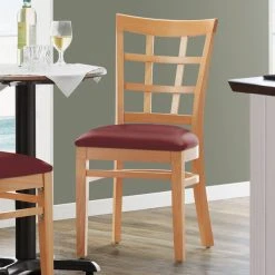 Lancaster Table & Seating Natural Wooden Window Back Chair With 2 1/2" Burgundy Padded Seat