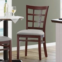 Lancaster Table & Seating Mahogany Finish Wooden Window Back Chair With Light Gray Padded Seat