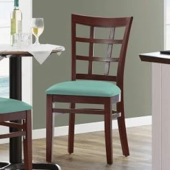 Lancaster Table & Seating Mahogany Finish Wooden Window Back Chair With Seafoam Padded Seat