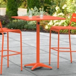Lancaster Table & Seating 32" X 32" Orange Powder-Coated Aluminum Bar Height Outdoor Table With Umbrella Hole