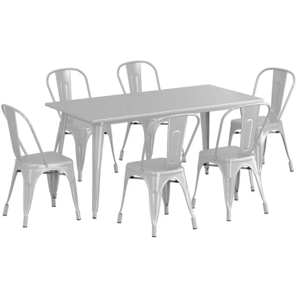 LT&S Alloy Series Lancaster Table & Seating Alloy Series 63" X 32" Silver Dining Height Outdoor Table With 6 Industrial Cafe Chairs 2 LT&S Alloy Series Lancaster Table & Seating Alloy Series 63" X 32" Silver Dining Height Outdoor Table With 6 Industrial Cafe Chairs - Image 2