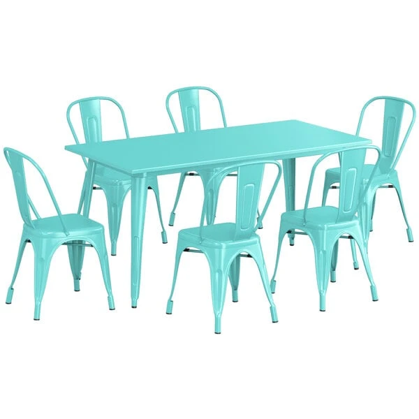 LT&S Alloy Series Lancaster Table & Seating Alloy Series 63" X 32" Seafoam Dining Height Outdoor Table With 6 Industrial Cafe Chairs 2 LT&S Alloy Series Lancaster Table & Seating Alloy Series 63" X 32" Seafoam Dining Height Outdoor Table With 6 Industrial Cafe Chairs - Image 2
