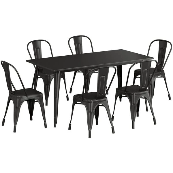 LT&S Alloy Series Lancaster Table & Seating Alloy Series 63" X 32" Black Dining Height Outdoor Table With 6 Industrial Cafe Chairs 2 LT&S Alloy Series Lancaster Table & Seating Alloy Series 63" X 32" Black Dining Height Outdoor Table With 6 Industrial Cafe Chairs - Image 2