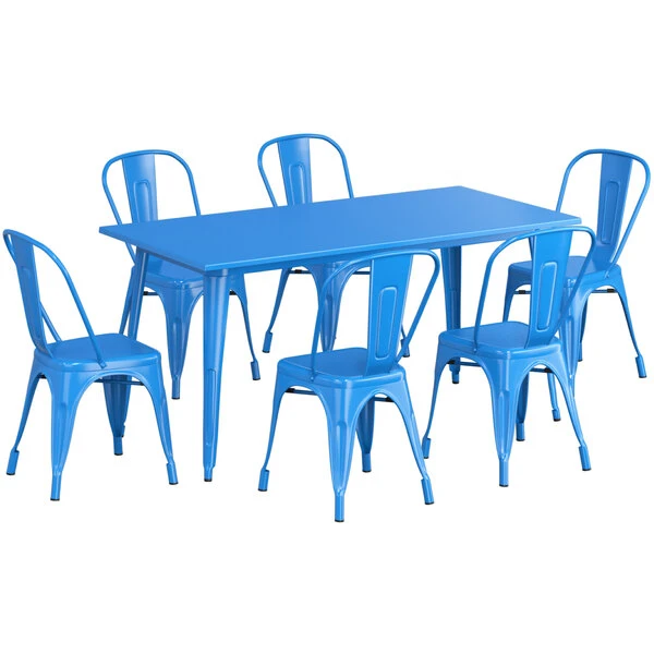 LT&S Alloy Series Lancaster Table & Seating Alloy Series 63" X 32" Blue Dining Height Outdoor Table With 6 Industrial Cafe Chairs 2 LT&S Alloy Series Lancaster Table & Seating Alloy Series 63" X 32" Blue Dining Height Outdoor Table With 6 Industrial Cafe Chairs - Image 2