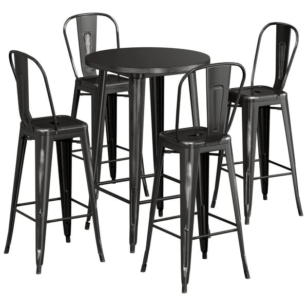 LT&S Alloy Series Lancaster Table & Seating Alloy Series 30" Round Distressed Black Outdoor Bar Height Table With 4 Metal Cafe Bar Stools 2 LT&S Alloy Series Lancaster Table & Seating Alloy Series 30" Round Distressed Black Outdoor Bar Height Table With 4 Metal Cafe Bar Stools - Image 2