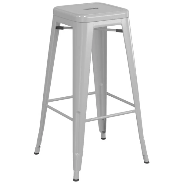 LT&S Alloy Series Lancaster Table & Seating Alloy Series Silver Stackable Metal Indoor / Outdoor Industrial Barstool With Drain Hole Seat 2 LT&S Alloy Series Lancaster Table & Seating Alloy Series Silver Stackable Metal Indoor / Outdoor Industrial Barstool With Drain Hole Seat - Image 2