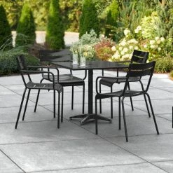 Lancaster Table & Seating 32" X 32" Black Powder-Coated Aluminum Standard Height Outdoor Table With Umbrella Hole And 4 Arm Chairs