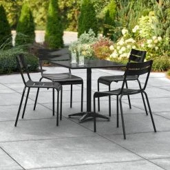 Lancaster Table & Seating 32" X 32" Black Powder-Coated Aluminum Standard Height Outdoor Table With Umbrella Hole And 4 Side Chairs