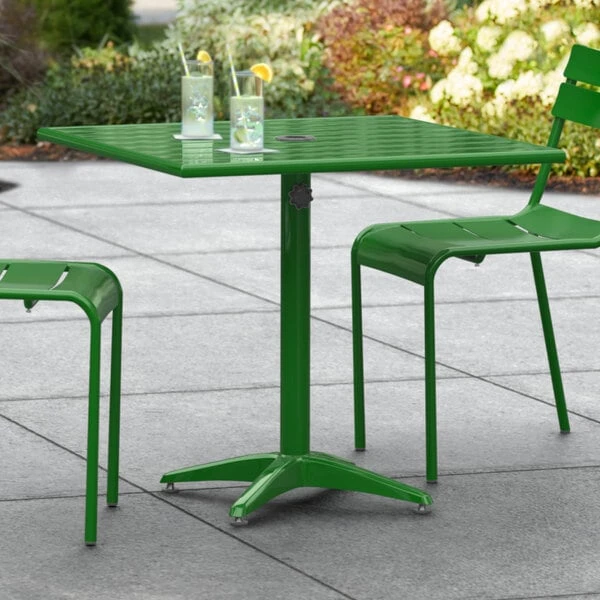 Lancaster Table & Seating 32" X 32" Green Powder-Coated Aluminum Dining Height Outdoor Table With Umbrella Hole 1 Lancaster Table & Seating 32" X 32" Green Powder-Coated Aluminum Dining Height Outdoor Table With Umbrella Hole