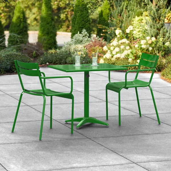 Lancaster Table & Seating 24" X 32" Green Powder-Coated Aluminum Standard Height Outdoor Table With Umbrella Hole And 2 Arm Chairs 1 Lancaster Table & Seating 24" X 32" Green Powder-Coated Aluminum Standard Height Outdoor Table With Umbrella Hole And 2 Arm Chairs