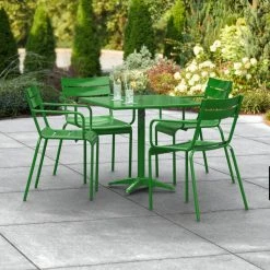 Lancaster Table & Seating 32" X 32" Green Powder-Coated Aluminum Standard Height Outdoor Table With Umbrella Hole And 4 Arm Chairs