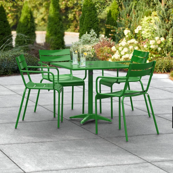 Lancaster Table & Seating 32" X 32" Green Powder-Coated Aluminum Standard Height Outdoor Table With Umbrella Hole And 4 Arm Chairs 1 Lancaster Table & Seating 32" X 32" Green Powder-Coated Aluminum Standard Height Outdoor Table With Umbrella Hole And 4 Arm Chairs