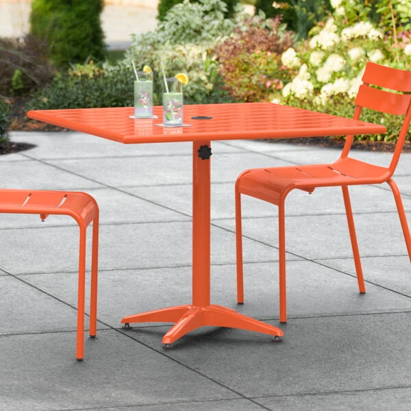 Lancaster Table & Seating 36" X 36" Orange Powder-Coated Aluminum Dining Height Outdoor Table With Umbrella Hole 1 Lancaster Table & Seating 36" X 36" Orange Powder-Coated Aluminum Dining Height Outdoor Table With Umbrella Hole