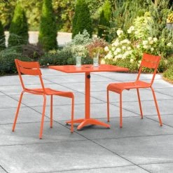 Lancaster Table & Seating 24" X 32" Orange Powder-Coated Aluminum Standard Height Outdoor Table With Umbrella Hole And 2 Side Chairs