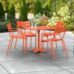 Lancaster Table & Seating 32" X 32" Orange Powder-Coated Aluminum Standard Height Outdoor Table With Umbrella Hole And 4 Arm Chairs