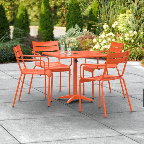 Lancaster Table & Seating 32" X 32" Orange Powder-Coated Aluminum Standard Height Outdoor Table With Umbrella Hole And 4 Arm Chairs 1 Lancaster Table & Seating 32" X 32" Orange Powder-Coated Aluminum Standard Height Outdoor Table With Umbrella Hole And 4 Arm Chairs