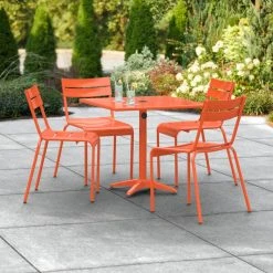 Lancaster Table & Seating 32" X 32" Orange Powder-Coated Aluminum Standard Height Outdoor Table With Umbrella Hole And 4 Side Chairs