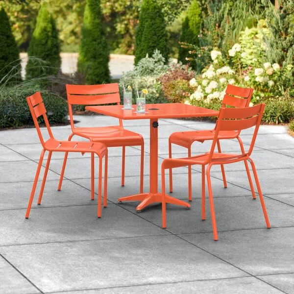 Lancaster Table & Seating 32" X 32" Orange Powder-Coated Aluminum Standard Height Outdoor Table With Umbrella Hole And 4 Side Chairs 1 Lancaster Table & Seating 32" X 32" Orange Powder-Coated Aluminum Standard Height Outdoor Table With Umbrella Hole And 4 Side Chairs