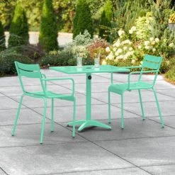 Lancaster Table & Seating 24" X 32" Seafoam Powder-Coated Aluminum Standard Height Outdoor Table With Umbrella Hole And 2 Arm Chairs