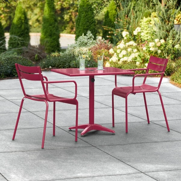 Lancaster Table & Seating 24" X 32" Sangria Powder-Coated Aluminum Standard Height Outdoor Table With Umbrella Hole And 2 Arm Chairs 1 Lancaster Table & Seating 24" X 32" Sangria Powder-Coated Aluminum Standard Height Outdoor Table With Umbrella Hole And 2 Arm Chairs