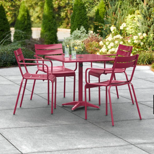 Lancaster Table & Seating 32" X 32" Sangria Powder-Coated Aluminum Standard Height Outdoor Table With Umbrella Hole And 4 Arm Chairs 1 Lancaster Table & Seating 32" X 32" Sangria Powder-Coated Aluminum Standard Height Outdoor Table With Umbrella Hole And 4 Arm Chairs
