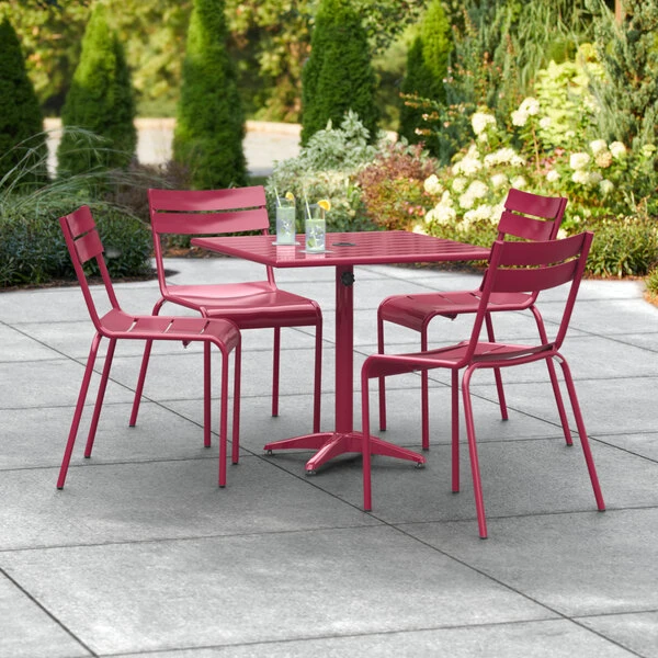Lancaster Table & Seating 32" X 32" Sangria Powder-Coated Aluminum Standard Height Outdoor Table With Umbrella Hole And 4 Side Chairs 1 Lancaster Table & Seating 32" X 32" Sangria Powder-Coated Aluminum Standard Height Outdoor Table With Umbrella Hole And 4 Side Chairs