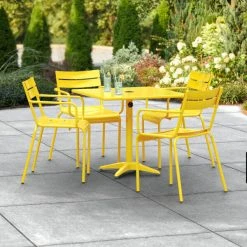 Lancaster Table & Seating 32" X 32" Yellow Powder-Coated Aluminum Standard Height Outdoor Table With Umbrella Hole And 4 Arm Chairs