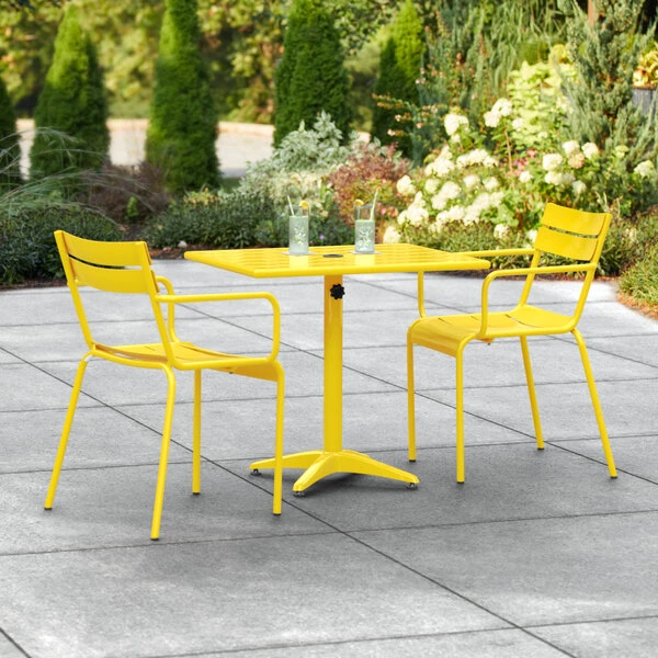 Lancaster Table & Seating 24" X 32" Yellow Powder-Coated Aluminum Standard Height Outdoor Table With Umbrella Hole And 2 Arm Chairs 1 Lancaster Table & Seating 24" X 32" Yellow Powder-Coated Aluminum Standard Height Outdoor Table With Umbrella Hole And 2 Arm Chairs
