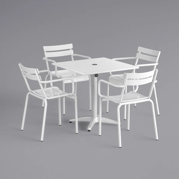 Lancaster Table & Seating 32" X 32" White Powder-Coated Aluminum Dining Height Outdoor Table With Umbrella Hole And 4 Arm Chairs 2 Lancaster Table & Seating 32" X 32" White Powder-Coated Aluminum Dining Height Outdoor Table With Umbrella Hole And 4 Arm Chairs - Image 2