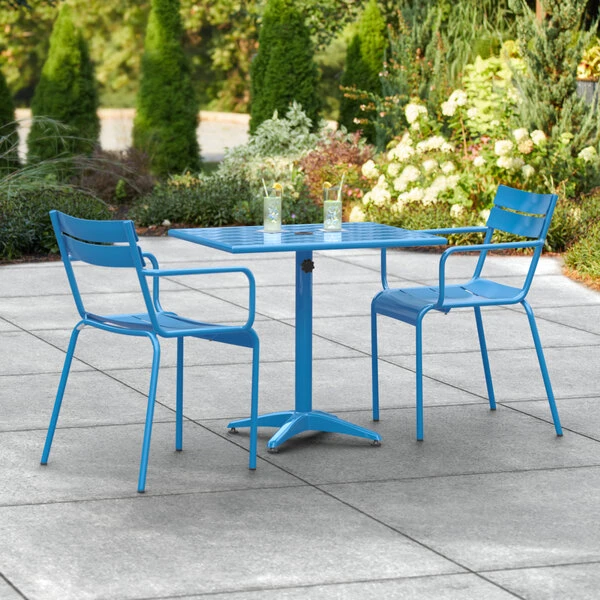 Lancaster Table & Seating 24" X 32" Blue Powder-Coated Aluminum Dining Height Outdoor Table With Umbrella Hole And 2 Arm Chairs 1 Lancaster Table & Seating 24" X 32" Blue Powder-Coated Aluminum Dining Height Outdoor Table With Umbrella Hole And 2 Arm Chairs