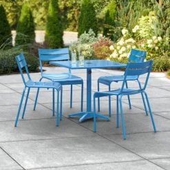 Lancaster Table & Seating 32" X 32" Blue Powder-Coated Aluminum Dining Height Outdoor Table With Umbrella Hole And 4 Side Chairs