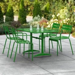 Lancaster Table & Seating 32" X 48" Green Powder-Coated Aluminum Standard Height Outdoor Table With Umbrella Hole And 4 Arm Chairs