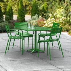 Lancaster Table & Seating 36" X 36" Green Powder-Coated Aluminum Standard Height Outdoor Table With Umbrella Hole And 4 Arm Chairs