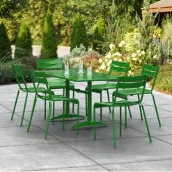 Lancaster Table & Seating 32" X 60" Green Powder-Coated Aluminum Standard Height Outdoor Table With Umbrella Hole And 6 Side Chairs