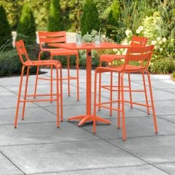 Lancaster Table & Seating 32" X 32" Orange Powder-Coated Aluminum Bar Height Outdoor Table With Umbrella Hole And 4 Barstools