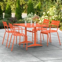 Lancaster Table & Seating 32" X 48" Orange Powder-Coated Aluminum Standard Height Outdoor Table With Umbrella Hole And 4 Arm Chairs
