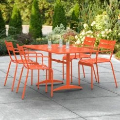 Lancaster Table & Seating 32" X 60" Orange Powder-Coated Aluminum Standard Height Outdoor Table With Umbrella Hole And 4 Arm Chairs