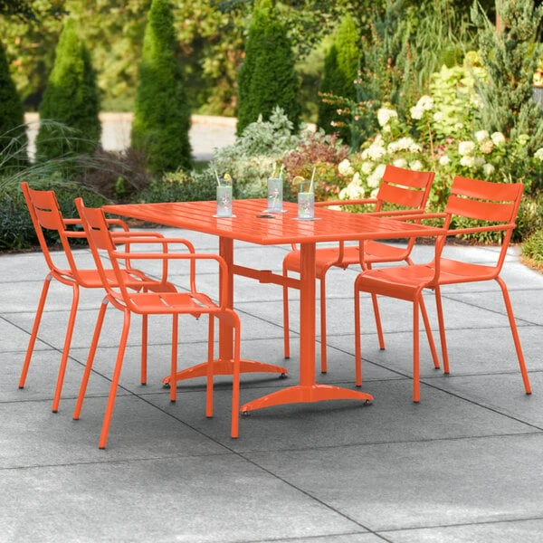 Lancaster Table & Seating 32" X 60" Orange Powder-Coated Aluminum Standard Height Outdoor Table With Umbrella Hole And 4 Arm Chairs 1 Lancaster Table & Seating 32" X 60" Orange Powder-Coated Aluminum Standard Height Outdoor Table With Umbrella Hole And 4 Arm Chairs