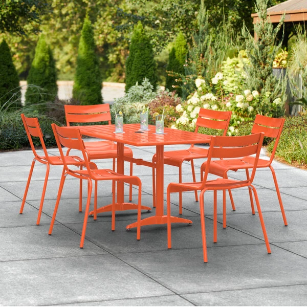 Lancaster Table & Seating 32" X 60" Orange Powder-Coated Aluminum Standard Height Outdoor Table With Umbrella Hole And 6 Side Chairs 1 Lancaster Table & Seating 32" X 60" Orange Powder-Coated Aluminum Standard Height Outdoor Table With Umbrella Hole And 6 Side Chairs