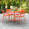 Lancaster Table & Seating 36" X 36" Orange Powder-Coated Aluminum Standard Height Outdoor Table With Umbrella Hole And 4 Arm Chairs