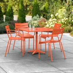 Lancaster Table & Seating 36" X 36" Orange Powder-Coated Aluminum Standard Height Outdoor Table With Umbrella Hole And 4 Arm Chairs