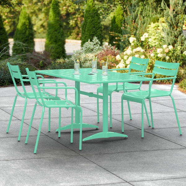 Lancaster Table & Seating 32" X 60" Seafoam Powder-Coated Aluminum Standard Height Outdoor Table With Umbrella Hole And 4 Arm Chairs 1 Lancaster Table & Seating 32" X 60" Seafoam Powder-Coated Aluminum Standard Height Outdoor Table With Umbrella Hole And 4 Arm Chairs