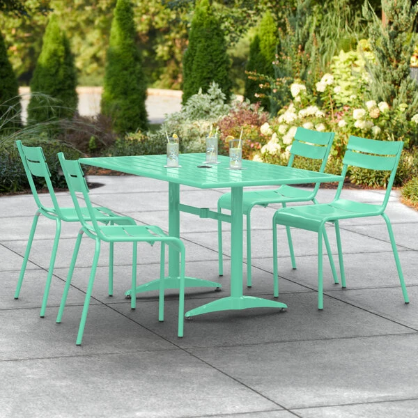 Lancaster Table & Seating 32" X 60" Seafoam Powder-Coated Aluminum Standard Height Outdoor Table With Umbrella Hole And 4 Side Chairs 1 Lancaster Table & Seating 32" X 60" Seafoam Powder-Coated Aluminum Standard Height Outdoor Table With Umbrella Hole And 4 Side Chairs