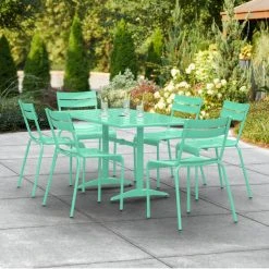 Lancaster Table & Seating 32" X 60" Seafoam Powder-Coated Aluminum Standard Height Outdoor Table With Umbrella Hole And 6 Side Chairs