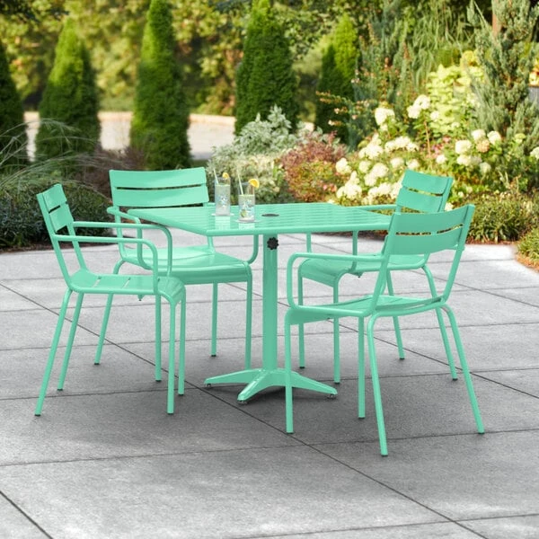 Lancaster Table & Seating 36" X 36" Seafoam Powder-Coated Aluminum Standard Height Outdoor Table With Umbrella Hole And 4 Arm Chairs 1 Lancaster Table & Seating 36" X 36" Seafoam Powder-Coated Aluminum Standard Height Outdoor Table With Umbrella Hole And 4 Arm Chairs